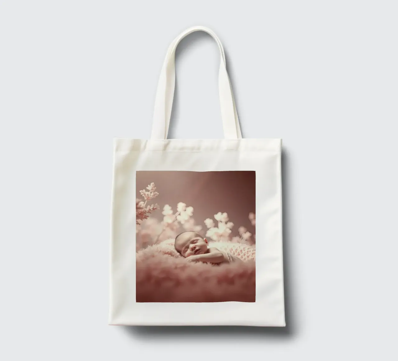 Neonato che dorme serenamente su una morbida coperta borsa in juta da DesignDoodle