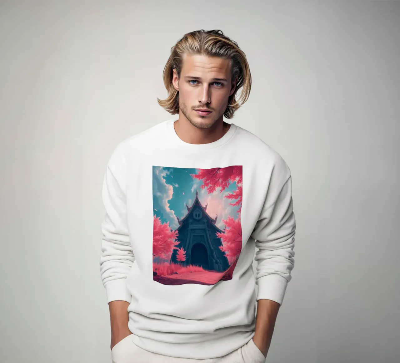 structure with ornate architecture surrounded by pink trees sweatshirt by DesignDoodle