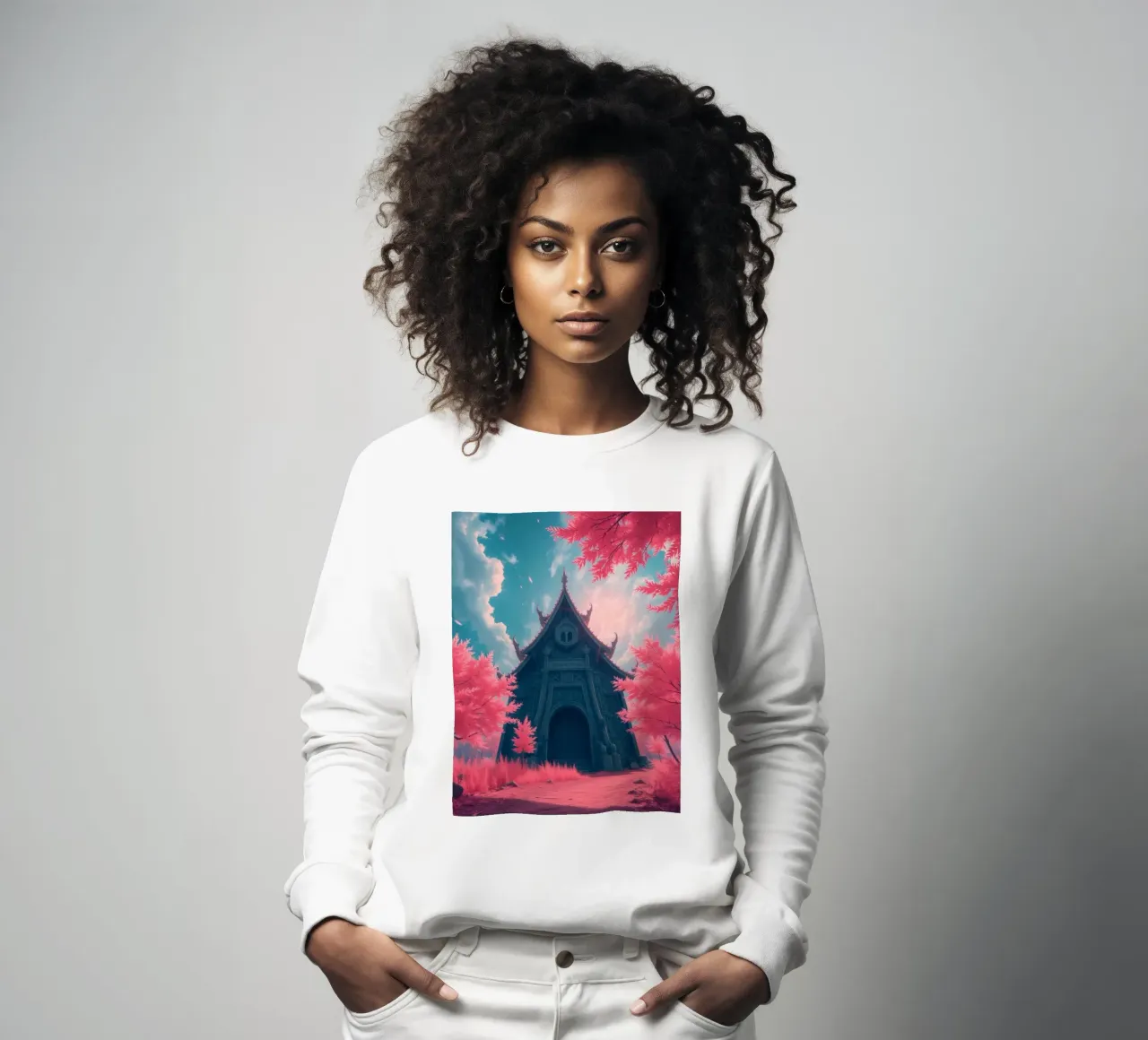 structure with ornate architecture surrounded by pink trees sweatshirt by DesignDoodle