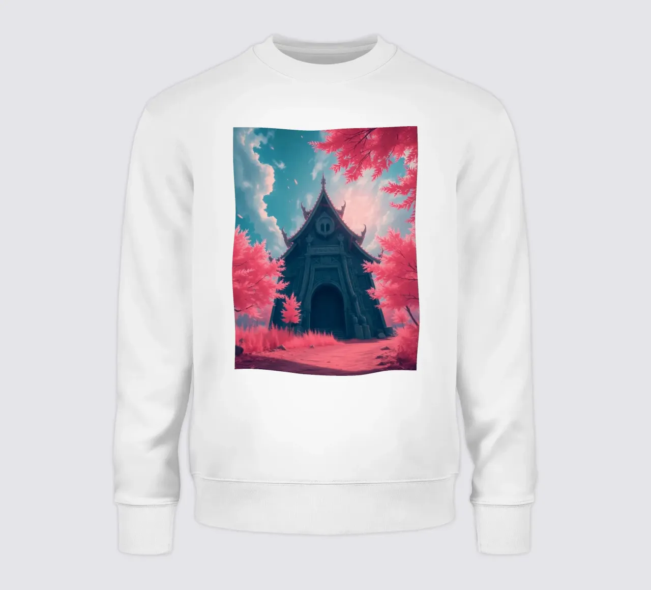 structure with ornate architecture surrounded by pink trees sweatshirt by DesignDoodle