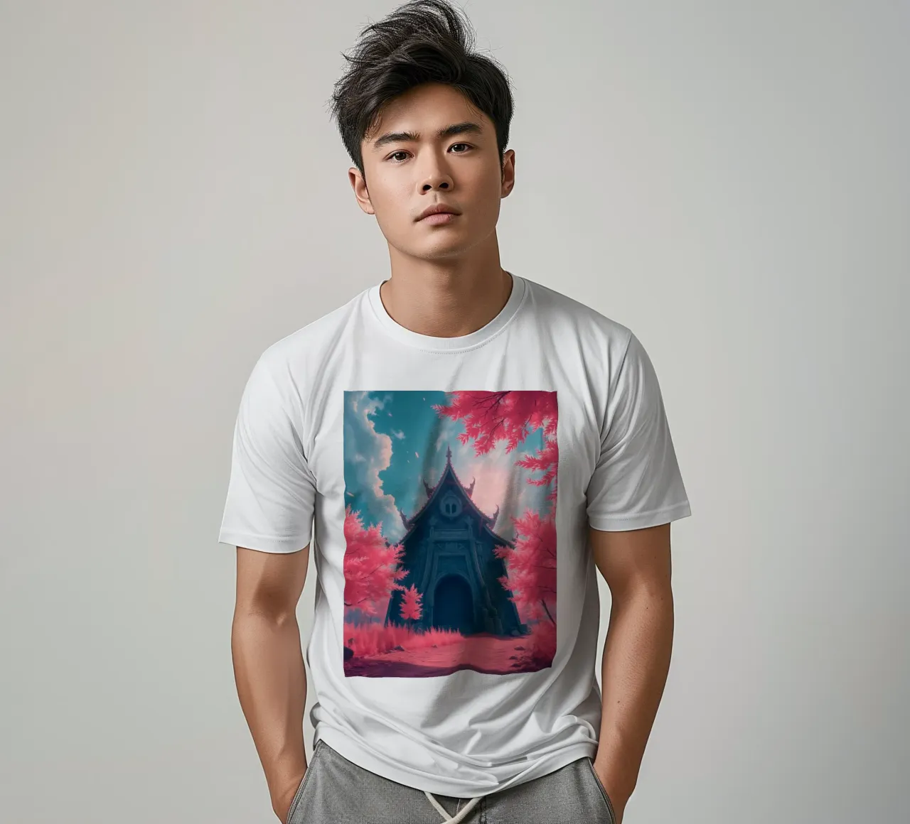 structure with ornate architecture surrounded by pink trees t-shirt by DesignDoodle