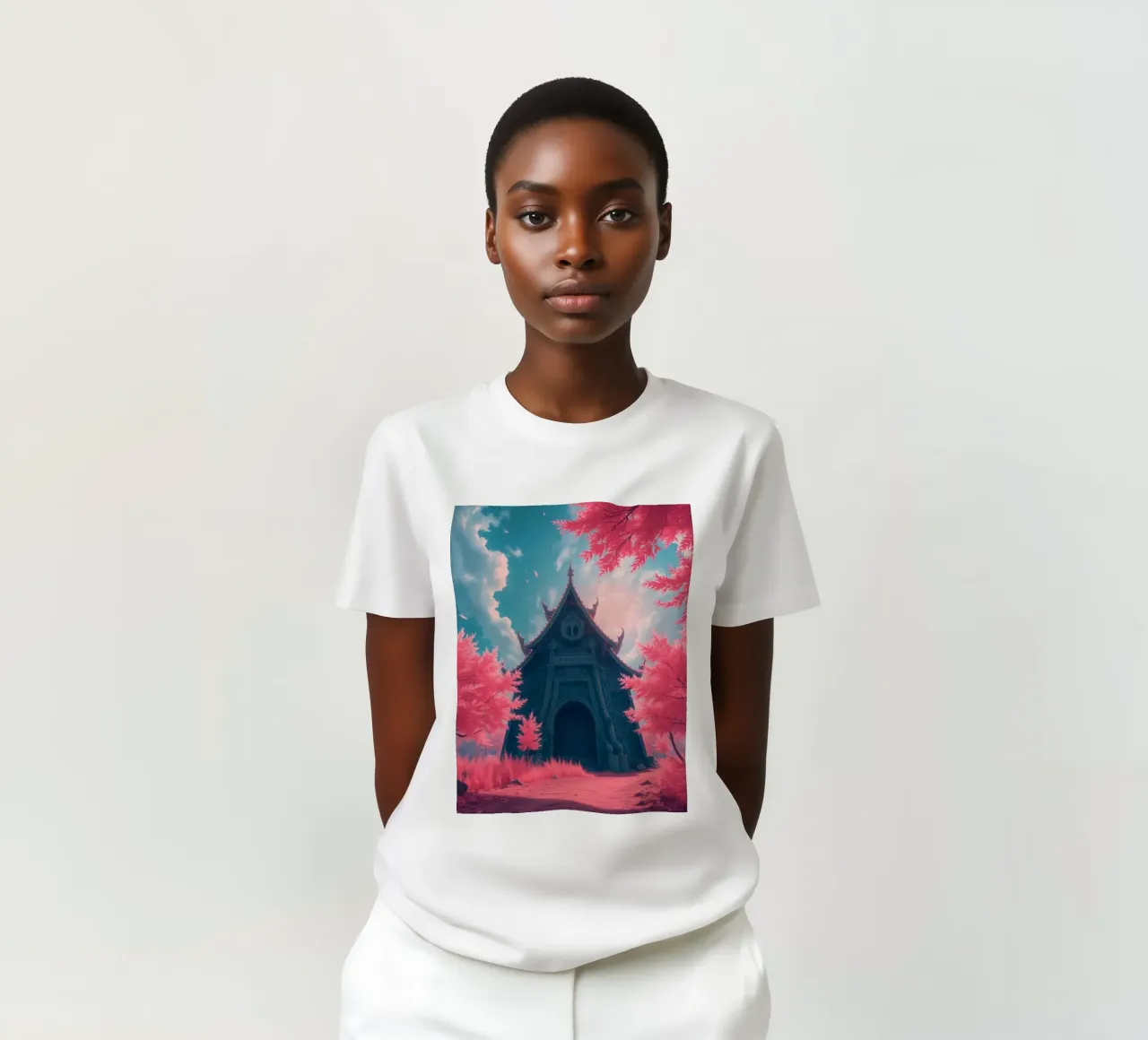 structure with ornate architecture surrounded by pink trees t-shirt by DesignDoodle