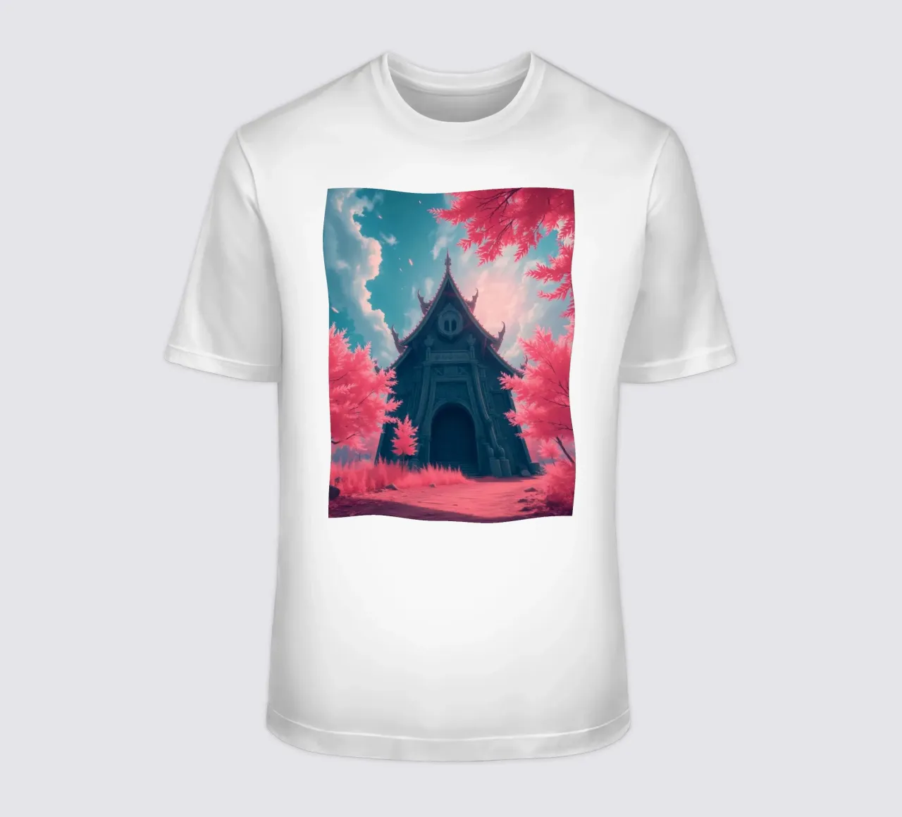 structure with ornate architecture surrounded by pink trees t-shirt by DesignDoodle