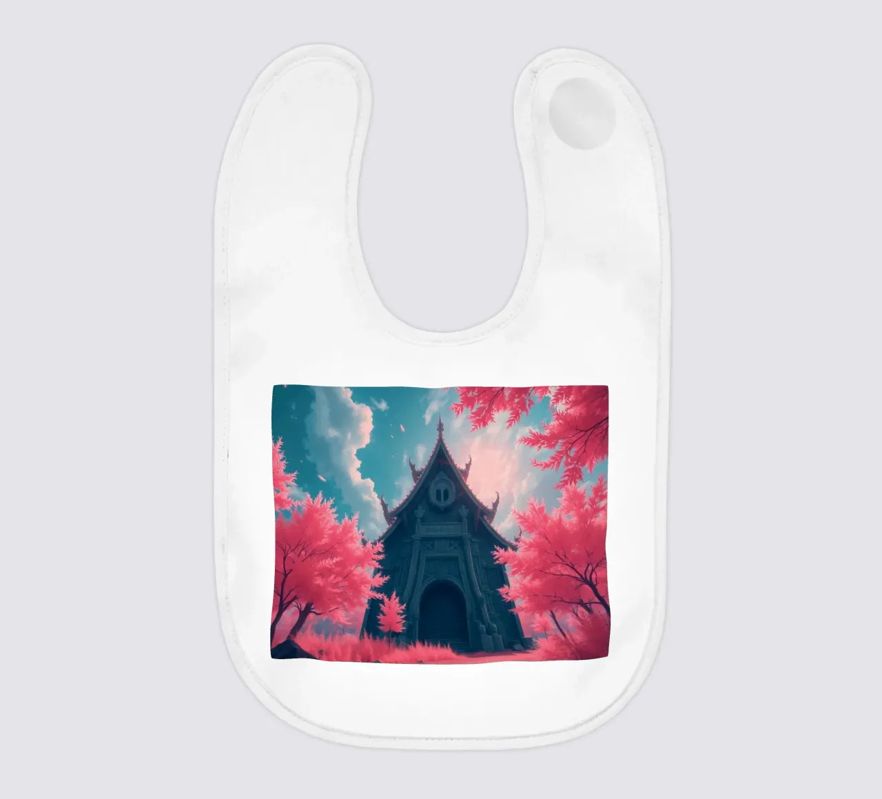 structure with ornate architecture surrounded by pink trees baby bib by DesignDoodle