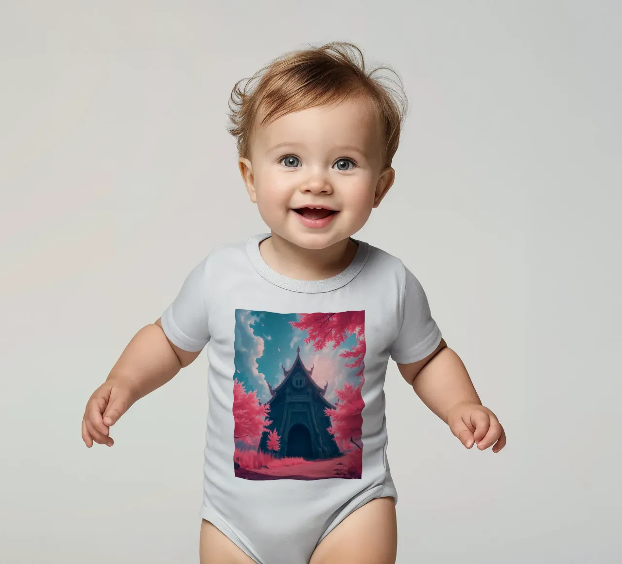 structure with ornate architecture surrounded by pink trees short-sleeve baby romper by DesignDoodle
