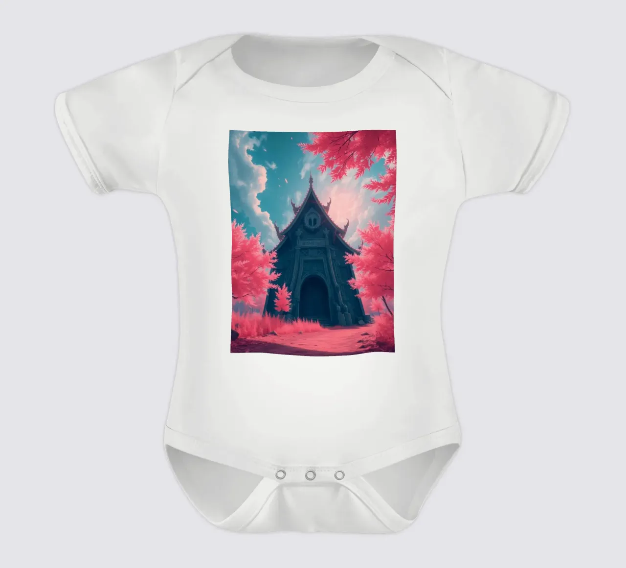structure with ornate architecture surrounded by pink trees short-sleeve baby romper by DesignDoodle