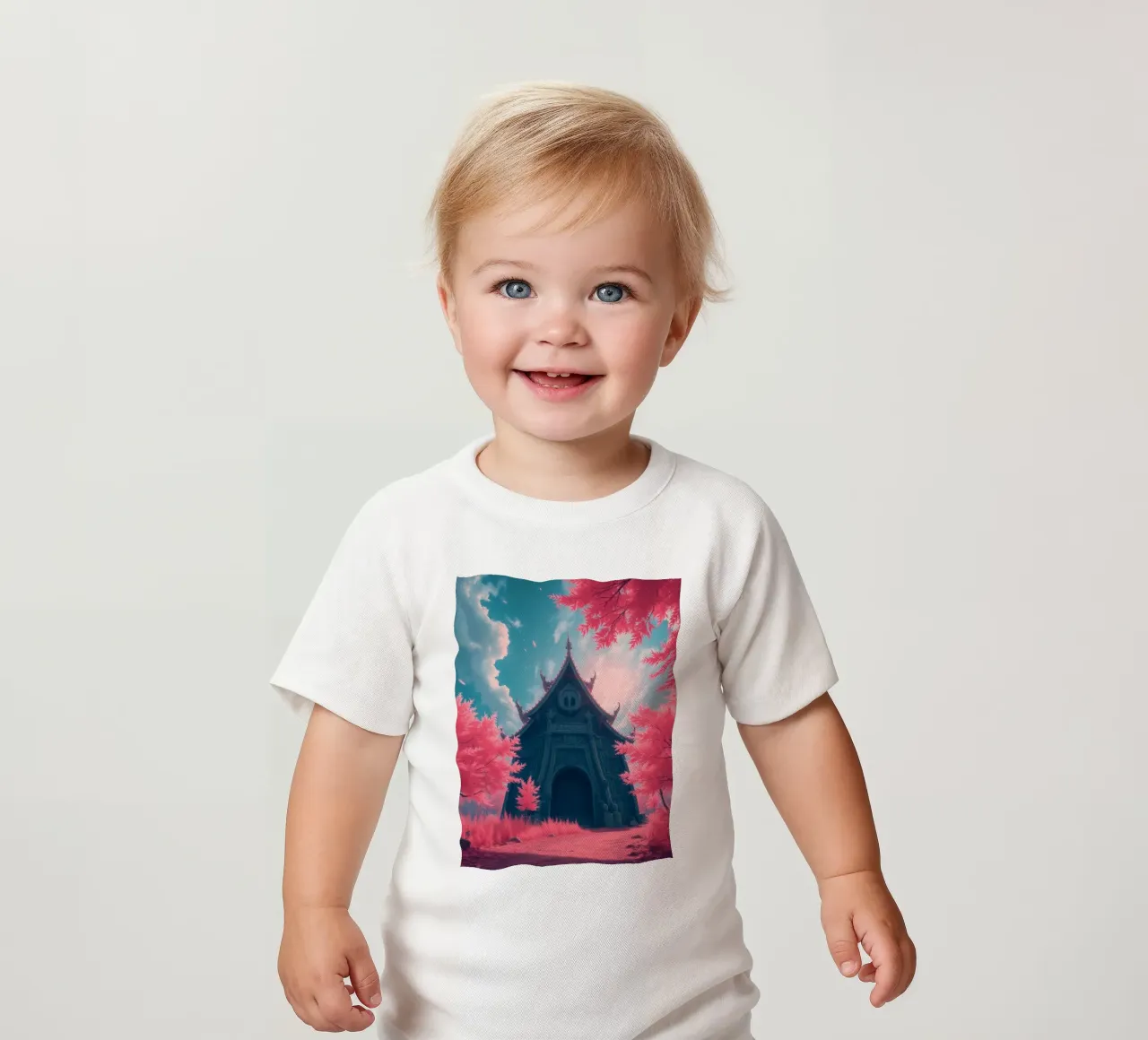 structure with ornate architecture surrounded by pink trees baby t-shirt by DesignDoodle