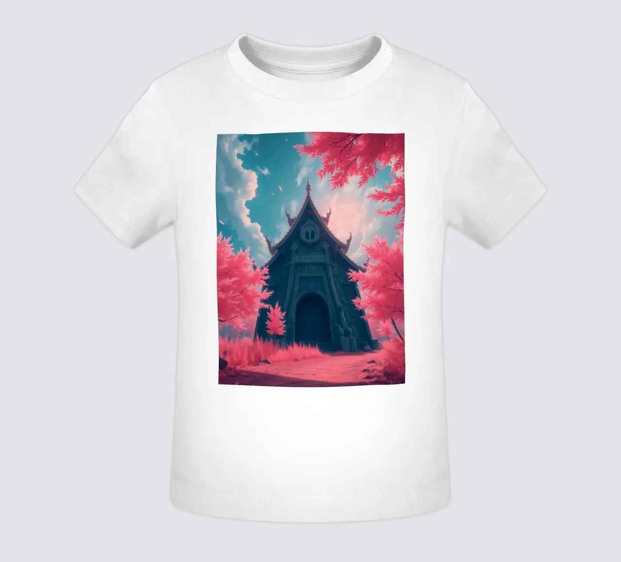 structure with ornate architecture surrounded by pink trees baby t-shirt by DesignDoodle