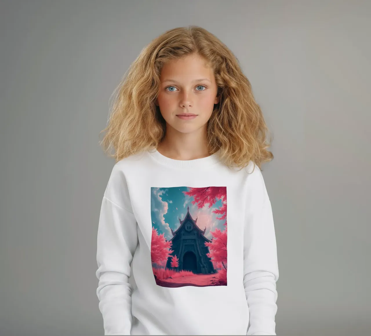 structure with ornate architecture surrounded by pink trees kids sweatshirt by DesignDoodle