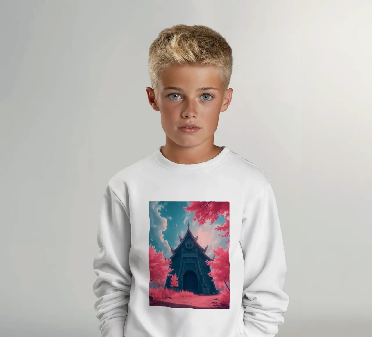 structure with ornate architecture surrounded by pink trees kids sweatshirt by DesignDoodle