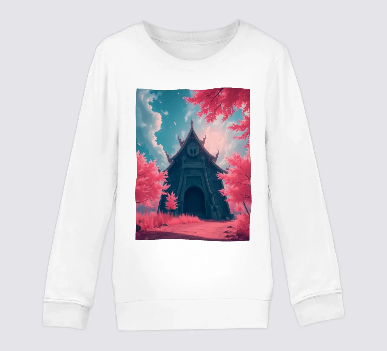 structure with ornate architecture surrounded by pink trees kids sweatshirt by DesignDoodle
