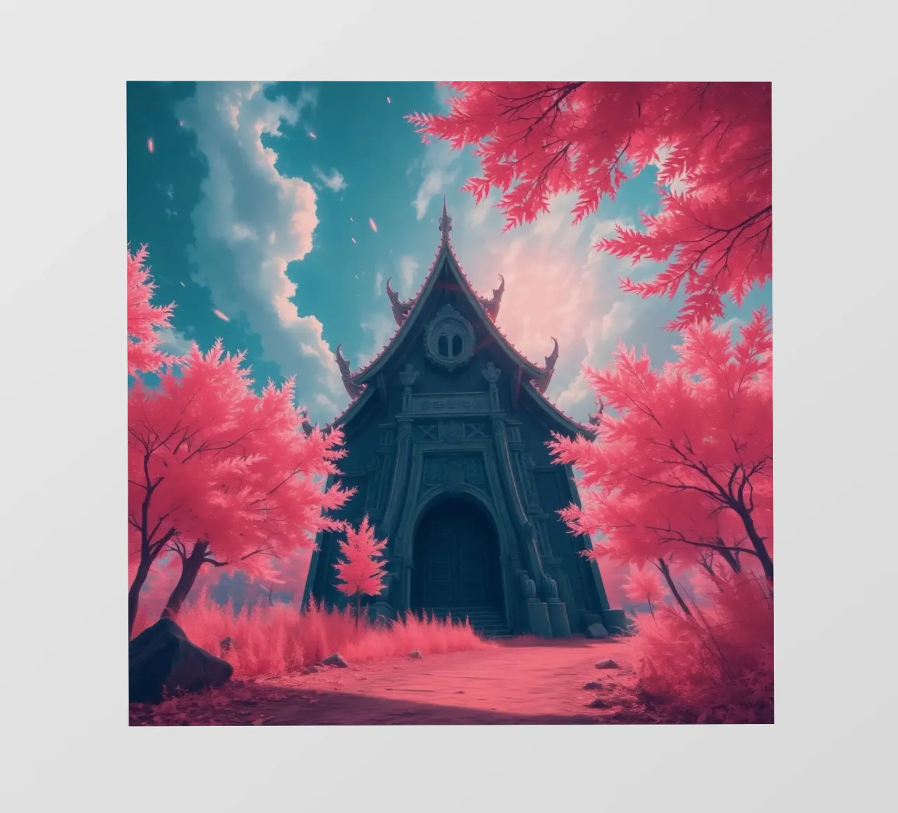 structure with ornate architecture surrounded by pink trees backlit film by DesignDoodle