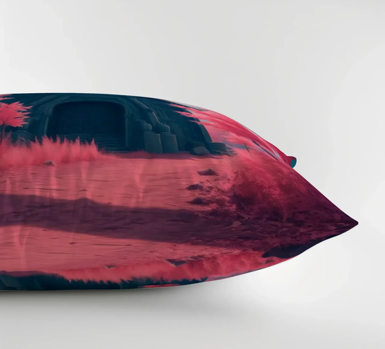 structure with ornate architecture surrounded by pink trees decorative cushion by DesignDoodle