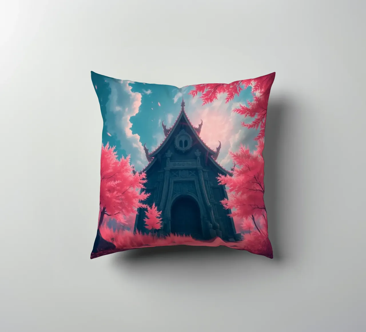 structure with ornate architecture surrounded by pink trees decorative cushion by DesignDoodle