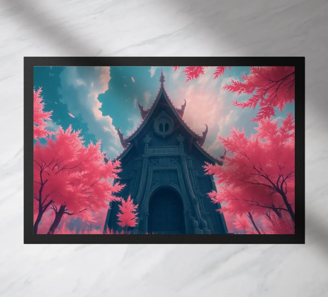 structure with ornate architecture surrounded by pink trees doormat by DesignDoodle