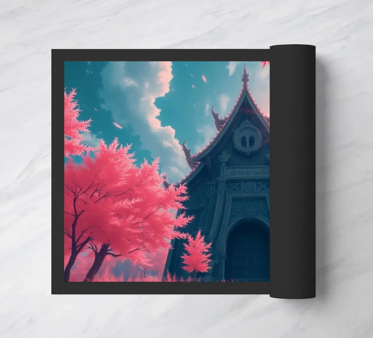 structure with ornate architecture surrounded by pink trees doormat by DesignDoodle