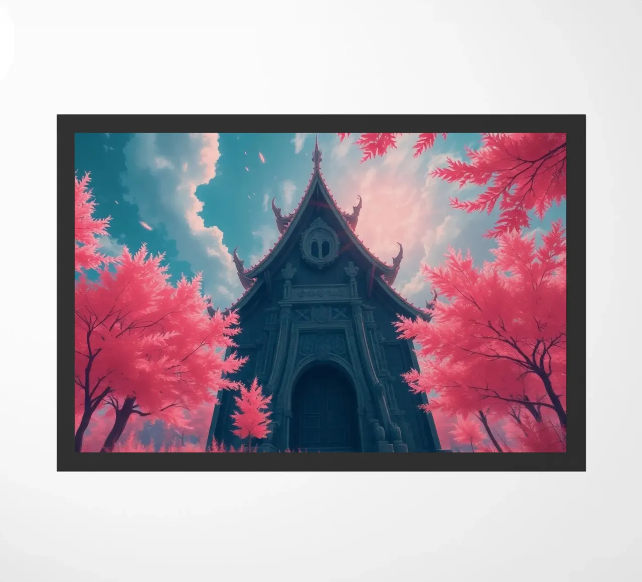 structure with ornate architecture surrounded by pink trees doormat by DesignDoodle