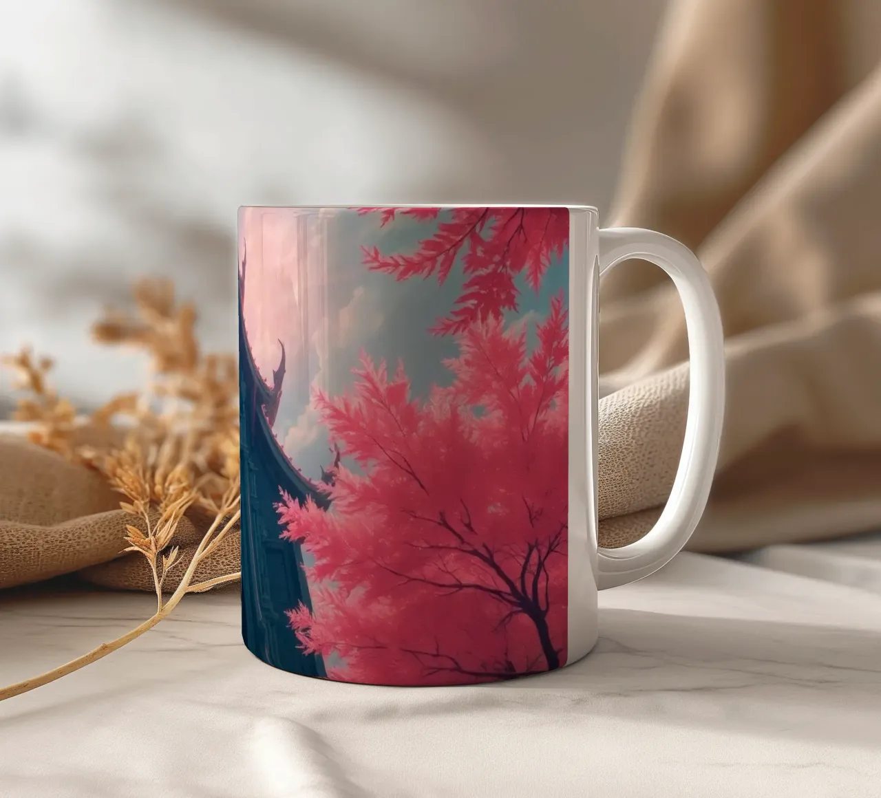 structure with ornate architecture surrounded by pink trees ceramic mug by DesignDoodle