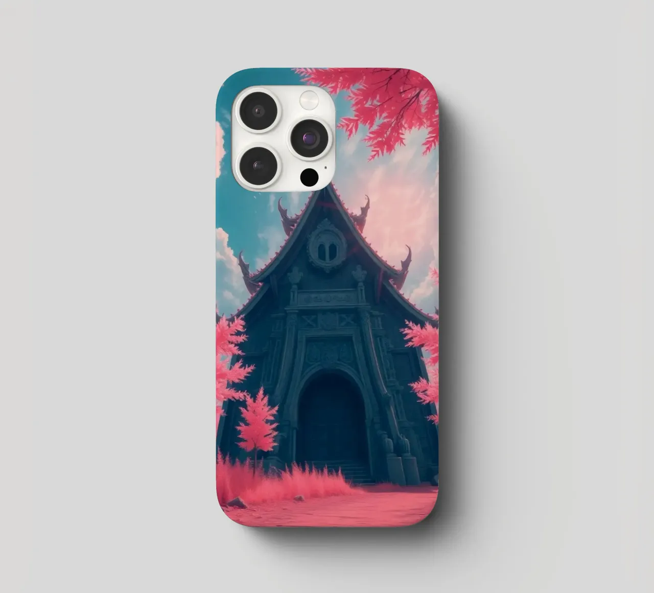 structure with ornate architecture surrounded by pink trees iphone case by DesignDoodle