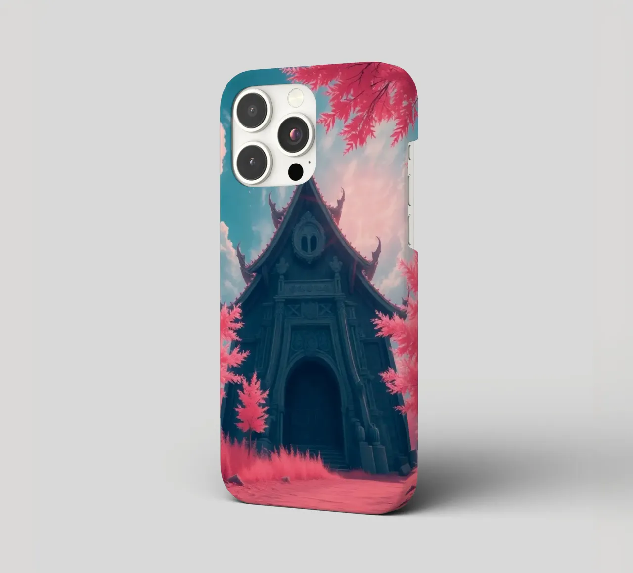 structure with ornate architecture surrounded by pink trees iphone case by DesignDoodle