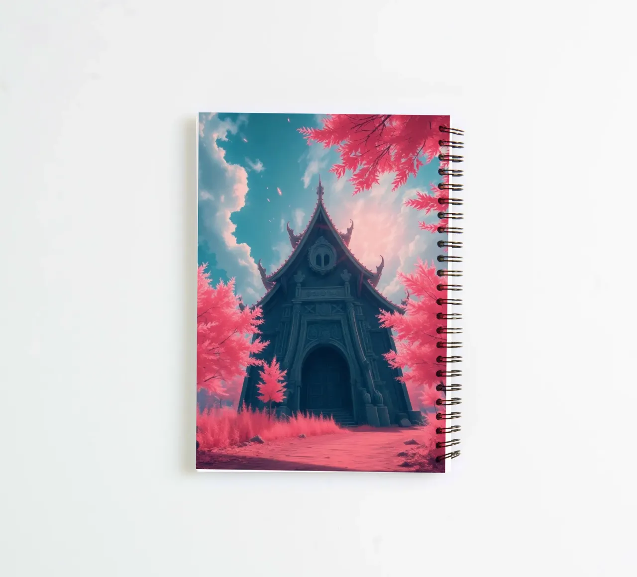 structure with ornate architecture surrounded by pink trees spiral notebook by DesignDoodle