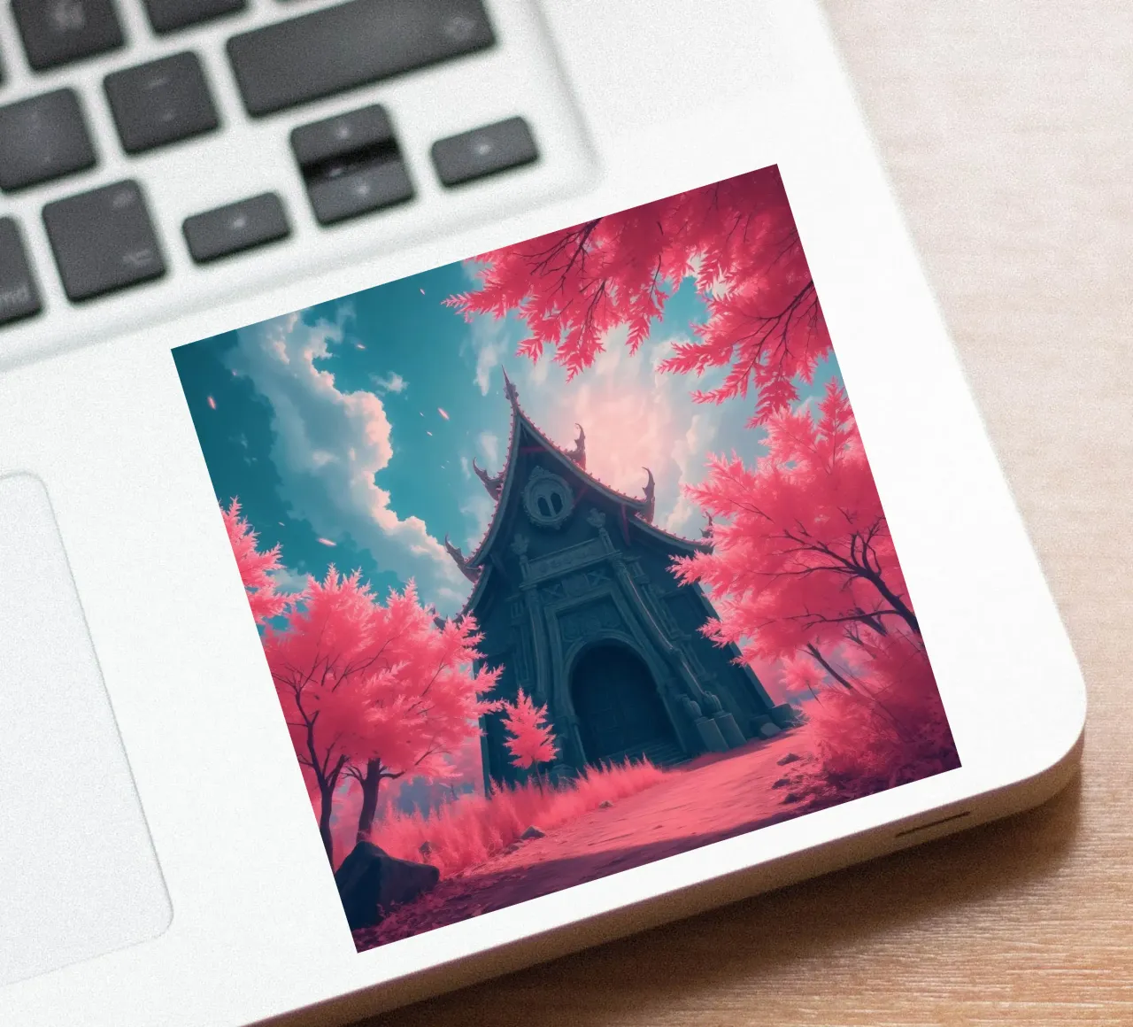 structure with ornate architecture surrounded by pink trees sticker by DesignDoodle