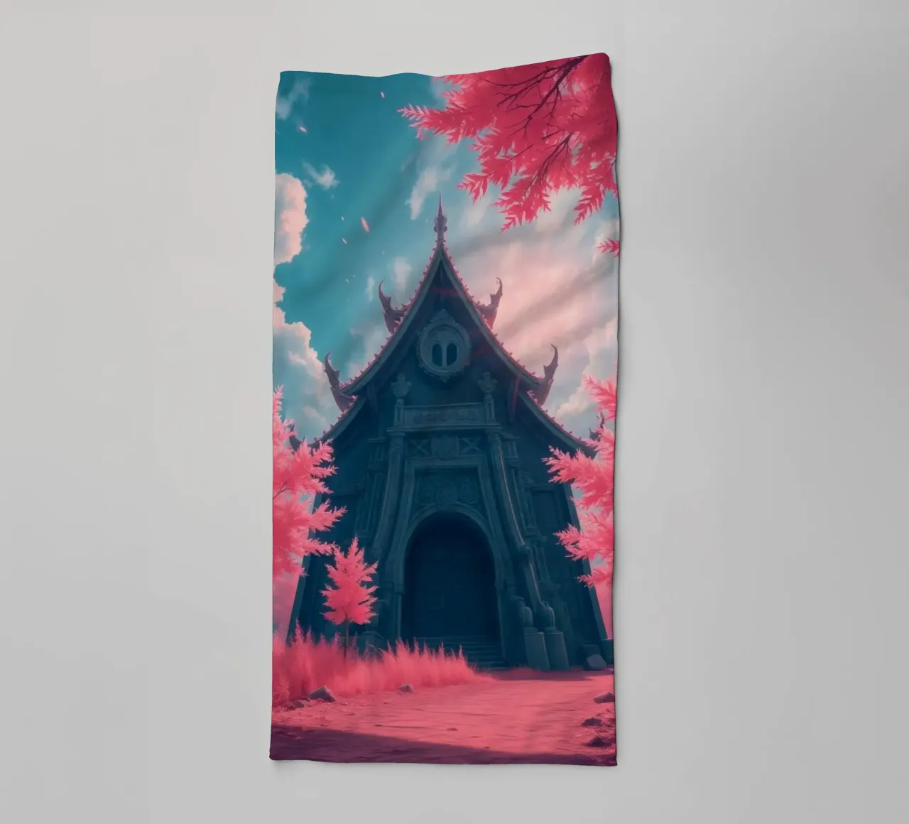 structuur met sierlijke architectuur omringd door roze bomen badhanddoek van DesignDoodle