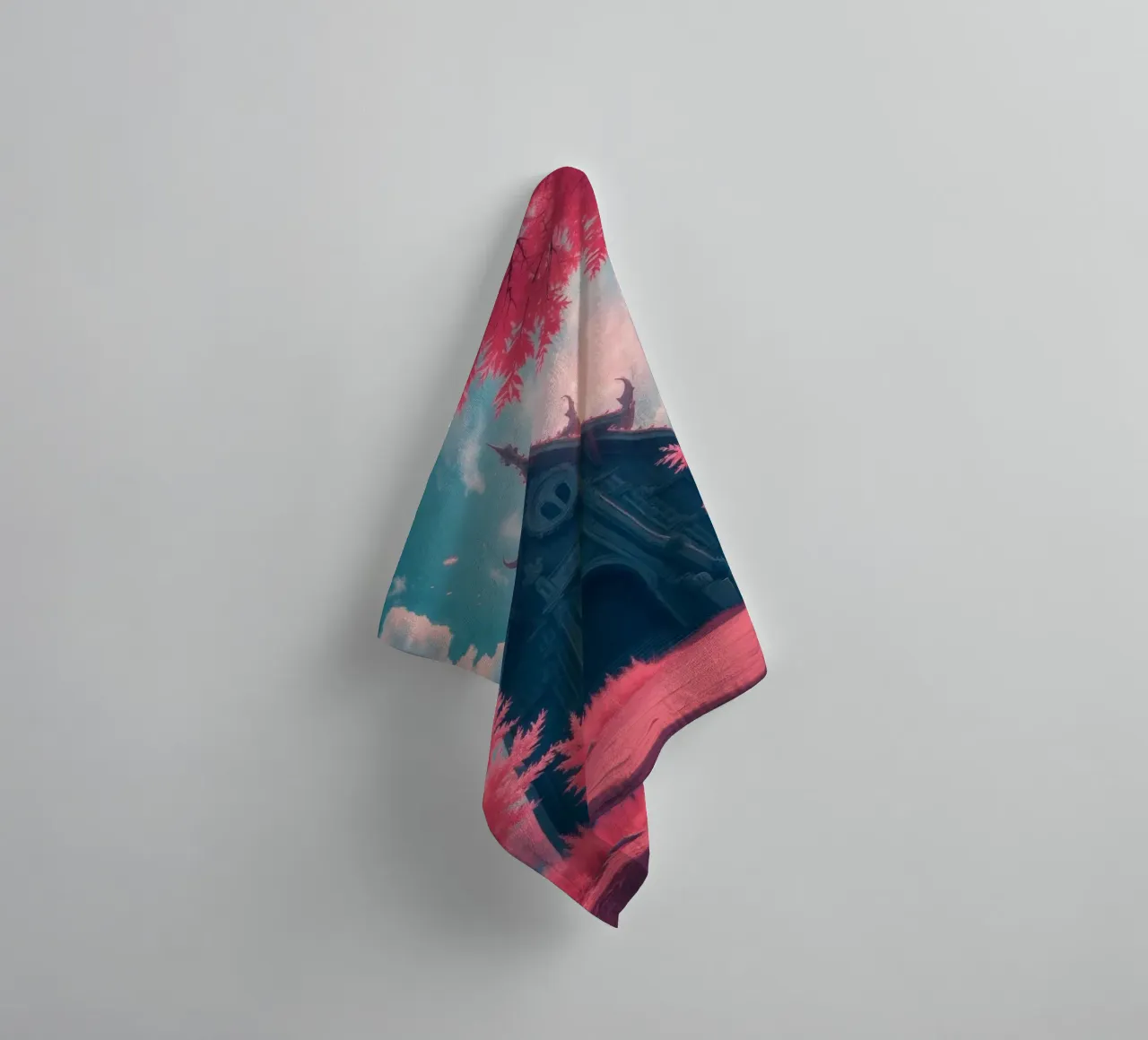 structuur met sierlijke architectuur omringd door roze bomen badhanddoek van DesignDoodle