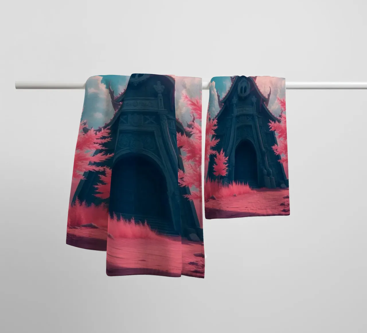 structure with ornate architecture surrounded by pink trees towel by DesignDoodle