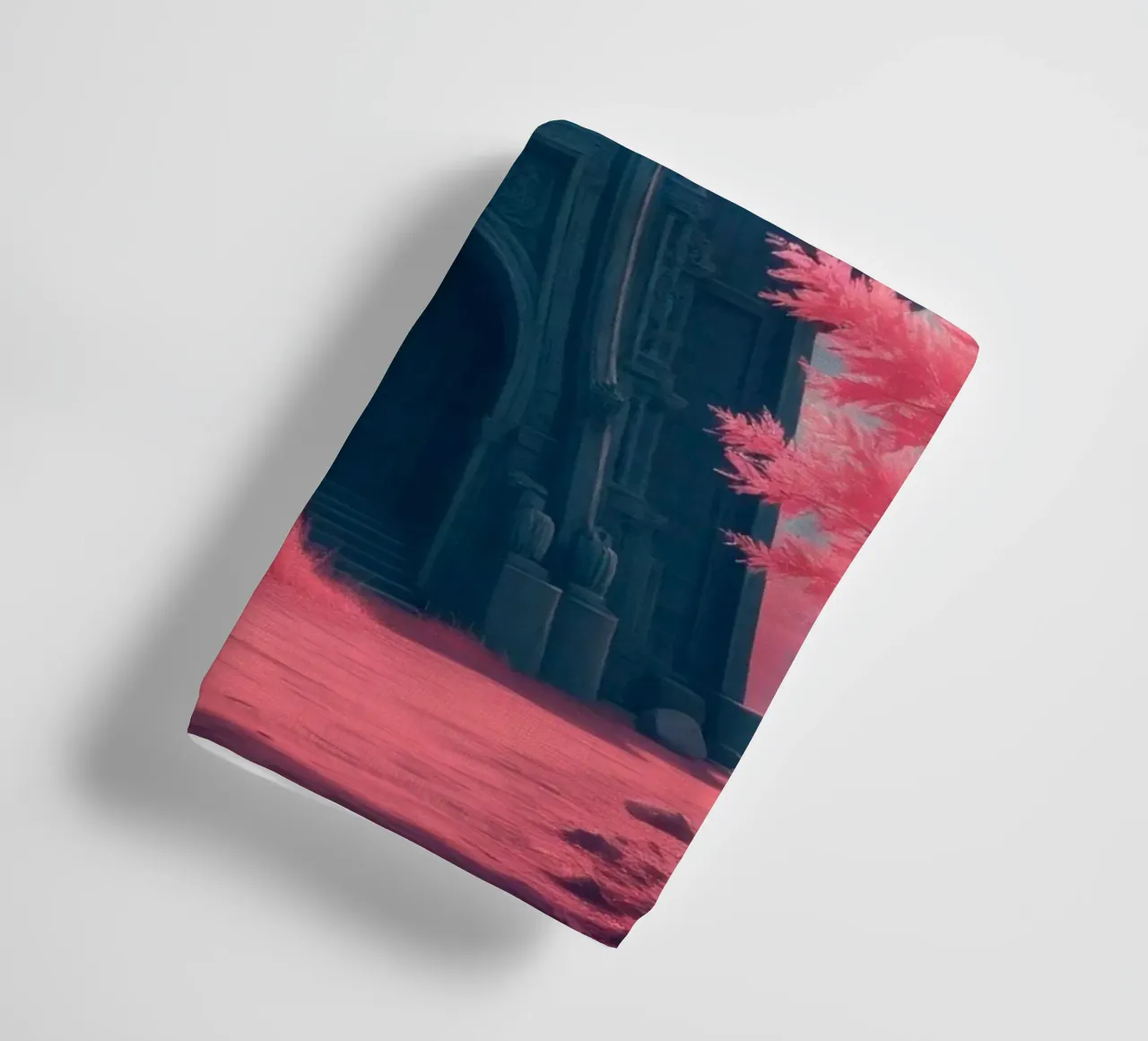 structure with ornate architecture surrounded by pink trees towel by DesignDoodle