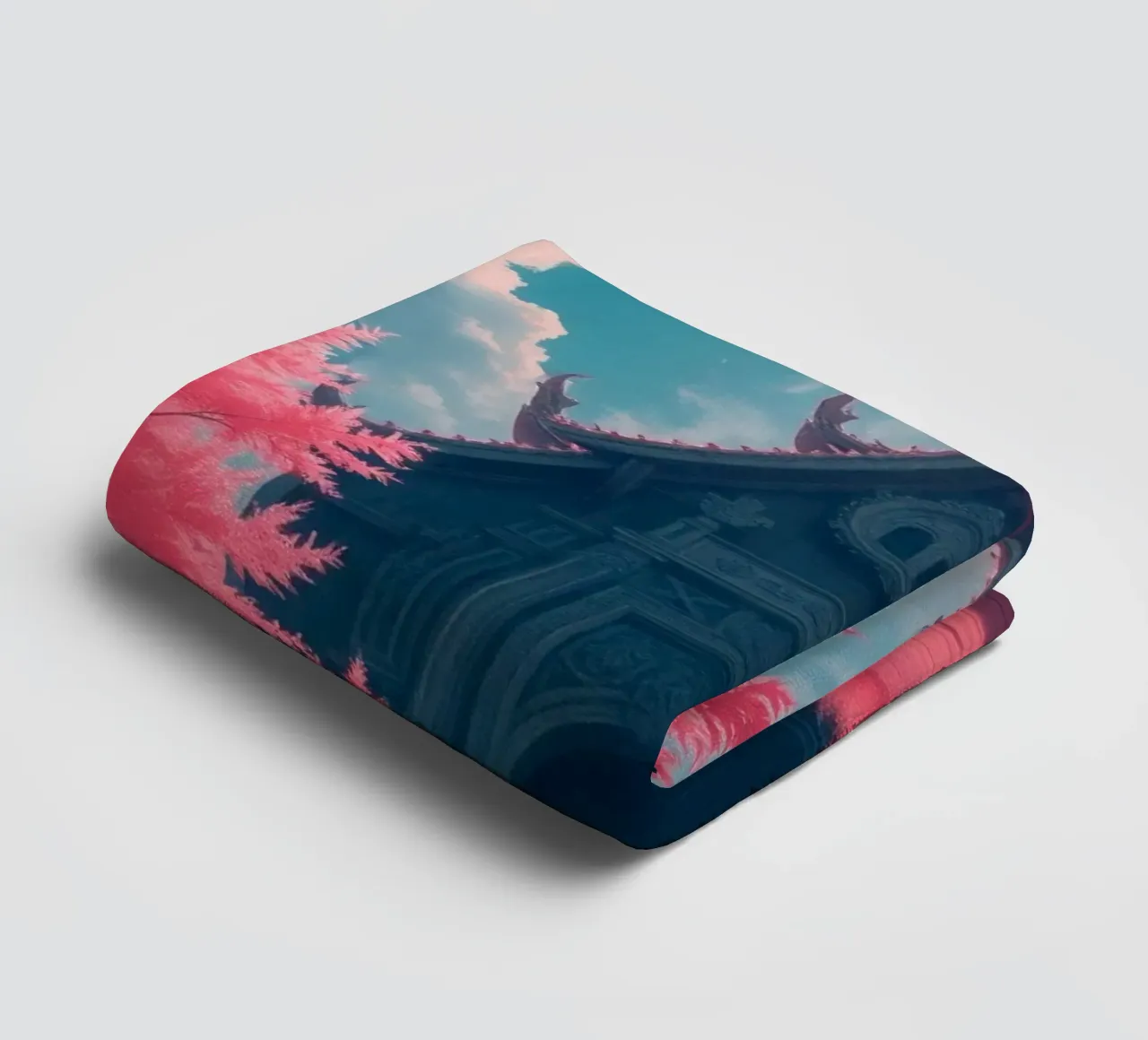 structuur met sierlijke architectuur omringd door roze bomen badhanddoek van DesignDoodle