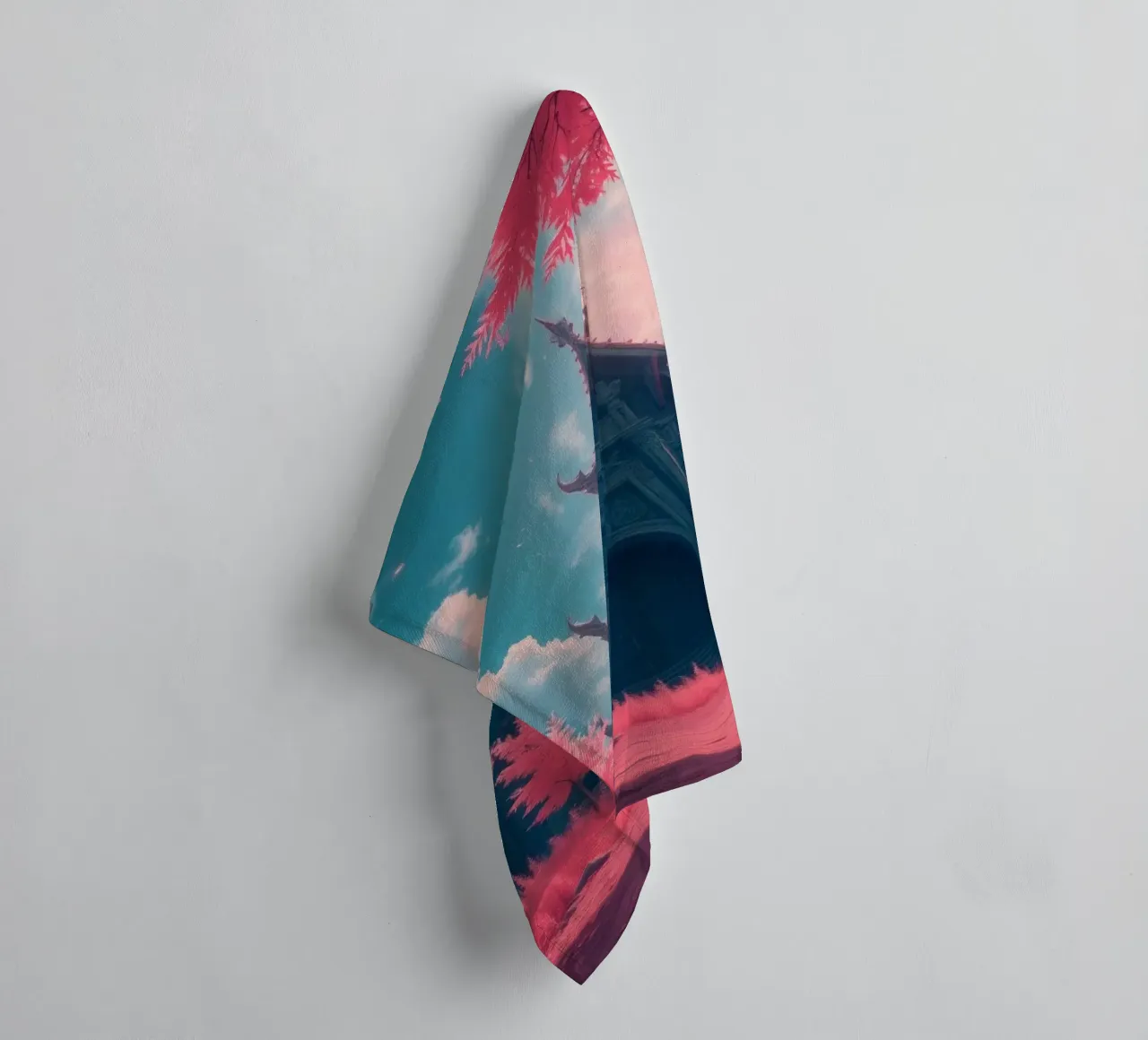 structuur met sierlijke architectuur omringd door roze bomen badhanddoek van DesignDoodle