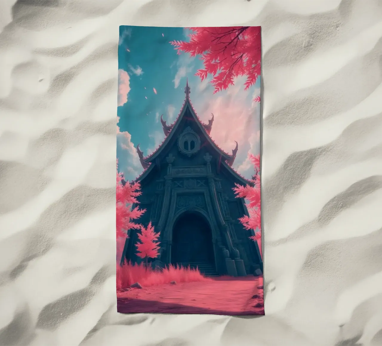 structure with ornate architecture surrounded by pink trees beach towel by DesignDoodle