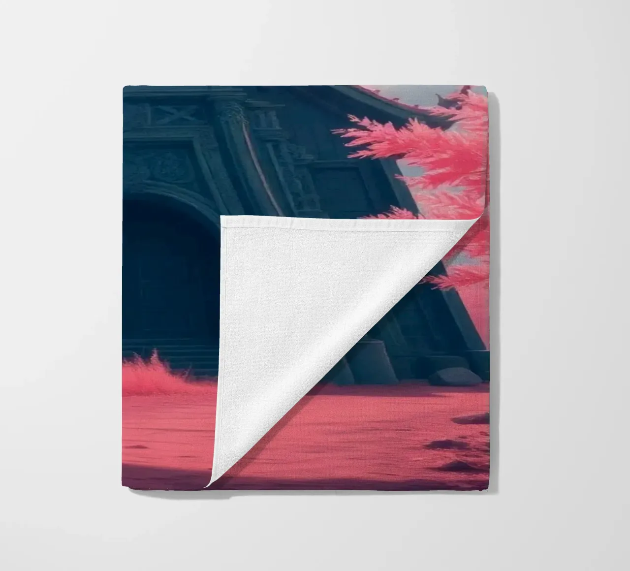 structure with ornate architecture surrounded by pink trees beach towel by DesignDoodle