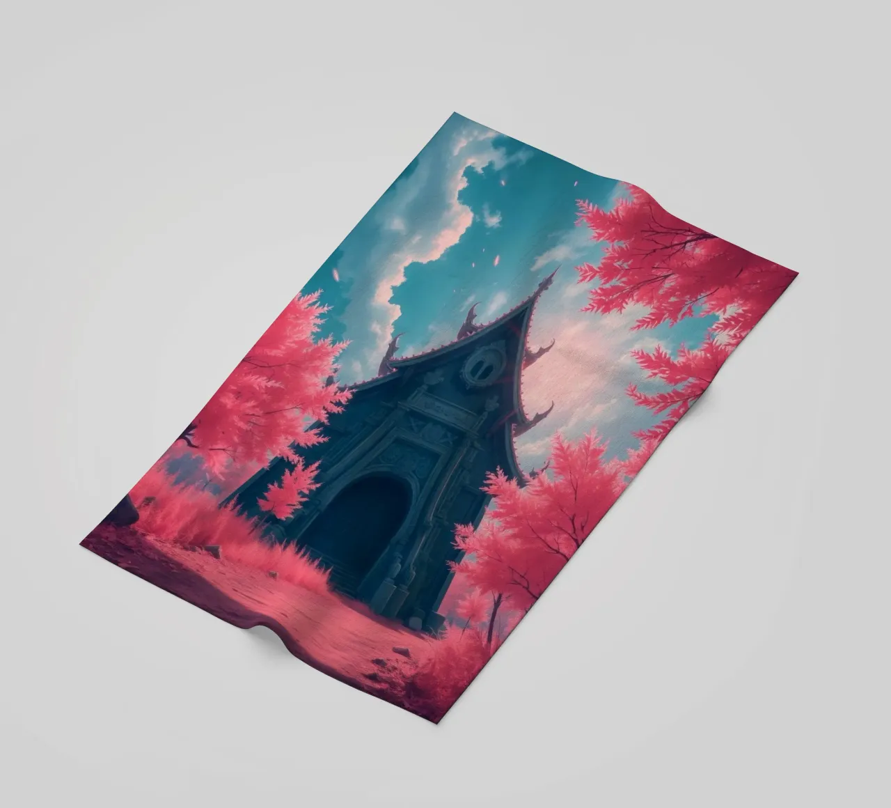structure with ornate architecture surrounded by pink trees beach towel by DesignDoodle
