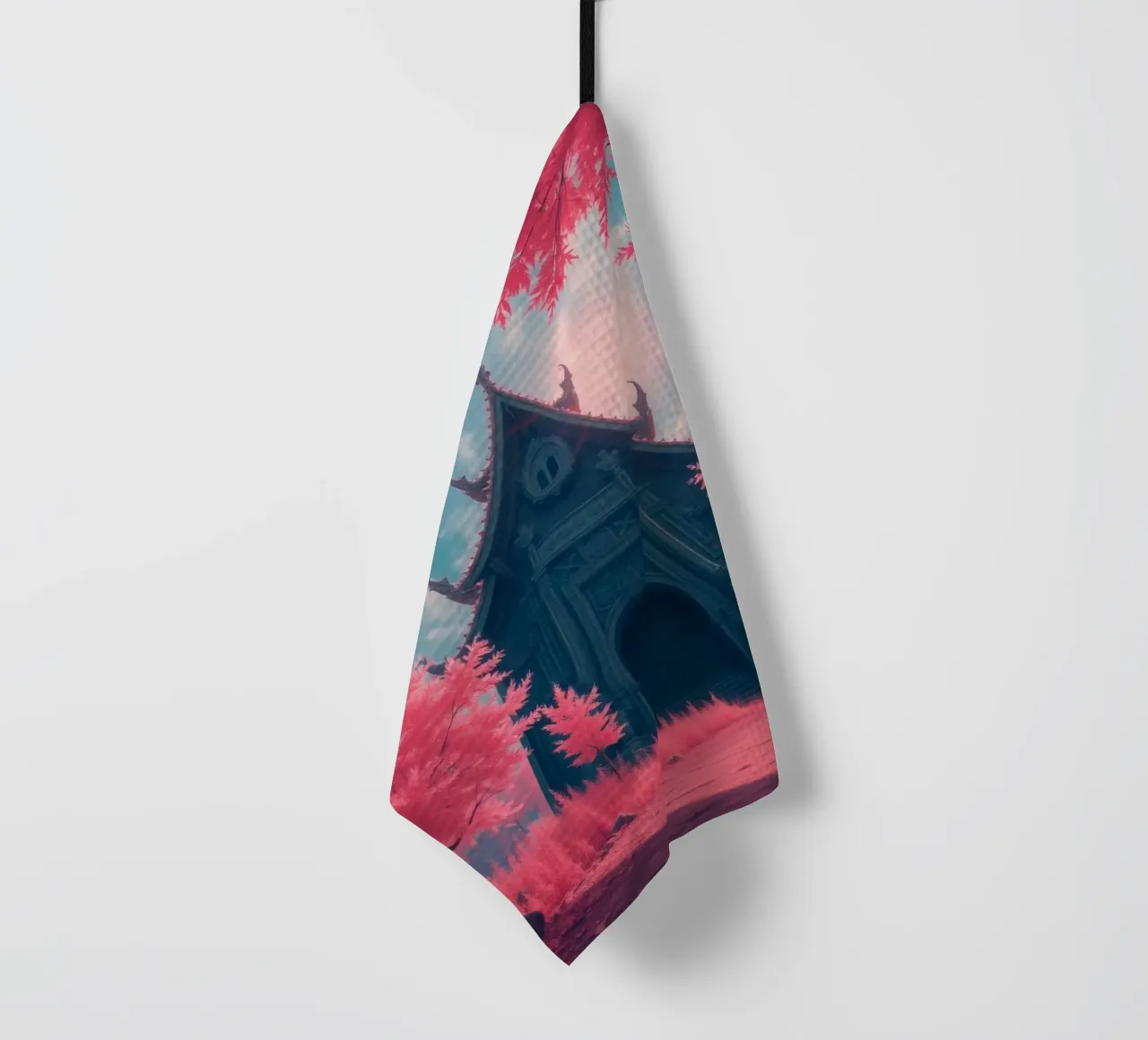 structure à l'architecture ornée entourée d'arbres roses torchon de DesignDoodle