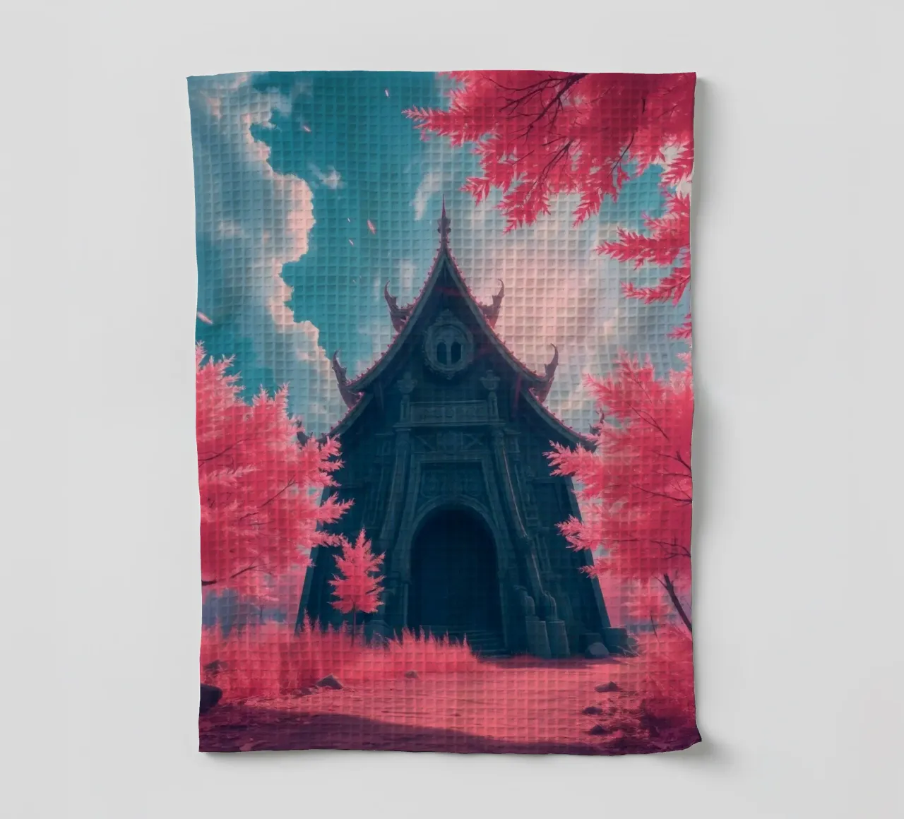 structure à l'architecture ornée entourée d'arbres roses torchon de DesignDoodle