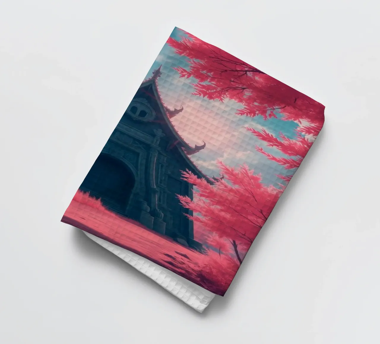 structure à l'architecture ornée entourée d'arbres roses torchon de DesignDoodle