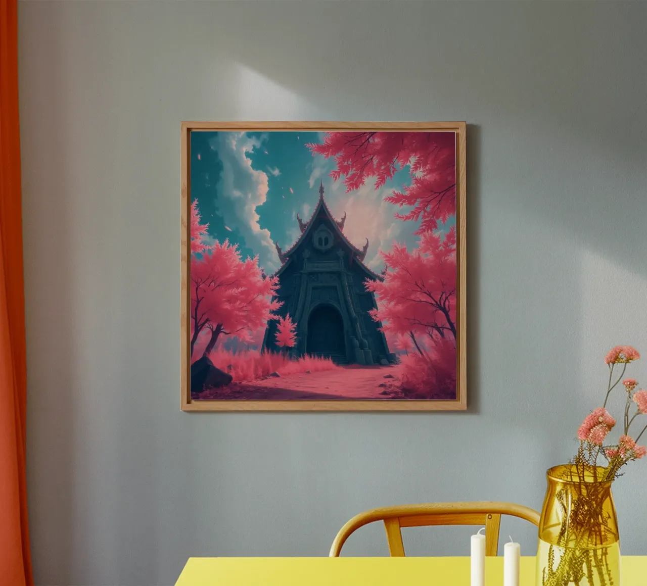 structure with ornate architecture surrounded by pink trees alu-dibond by DesignDoodle