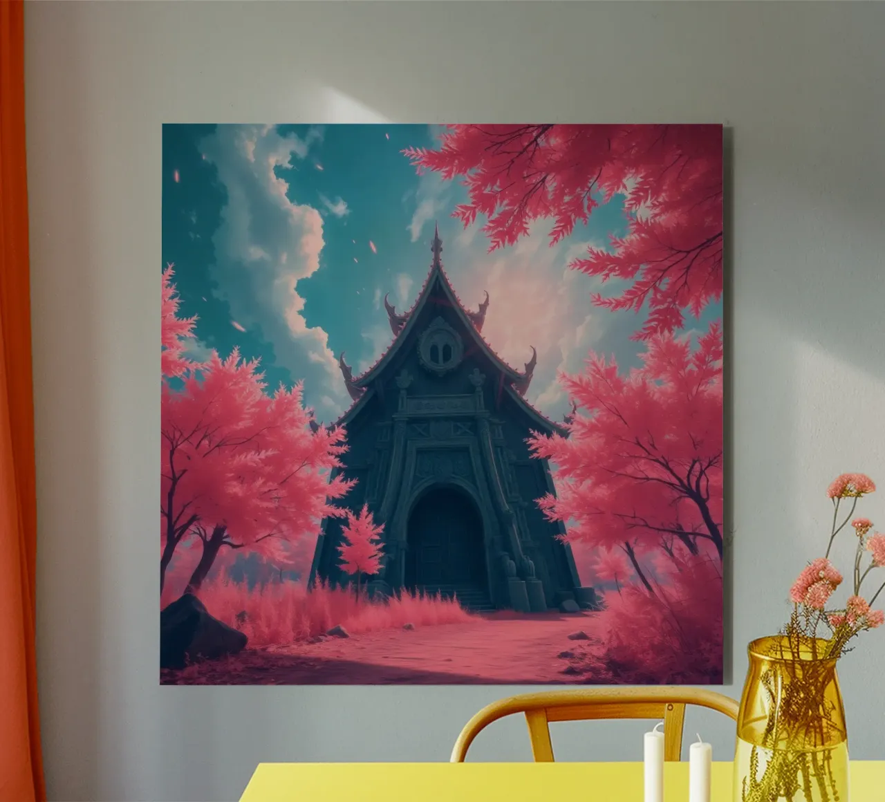 structure with ornate architecture surrounded by pink trees alu-dibond by DesignDoodle