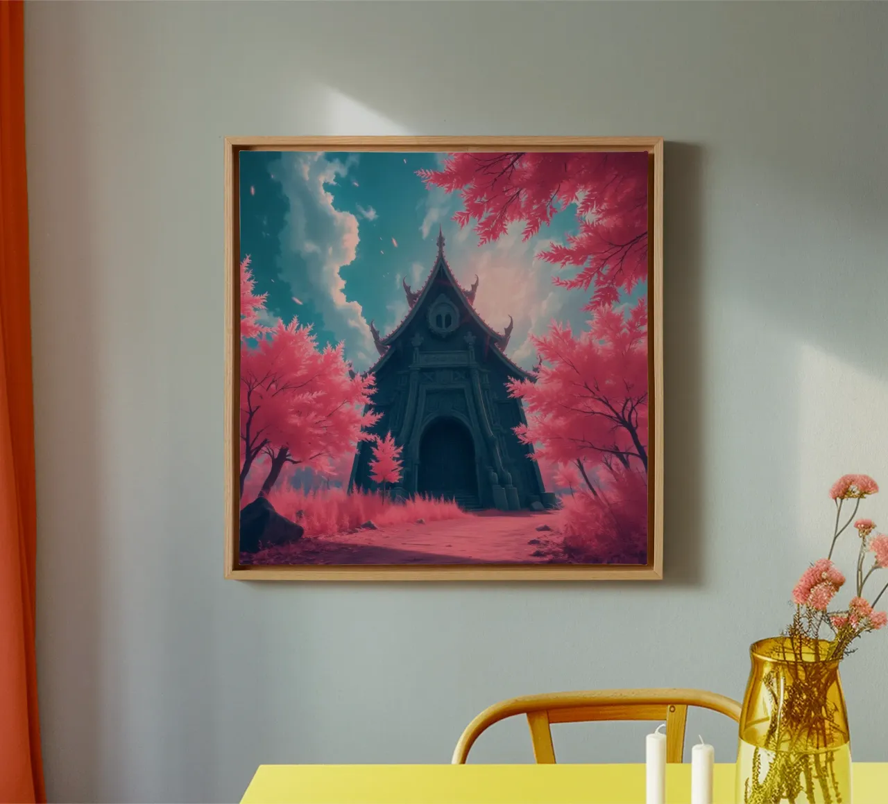 structure with ornate architecture surrounded by pink trees canvas by DesignDoodle