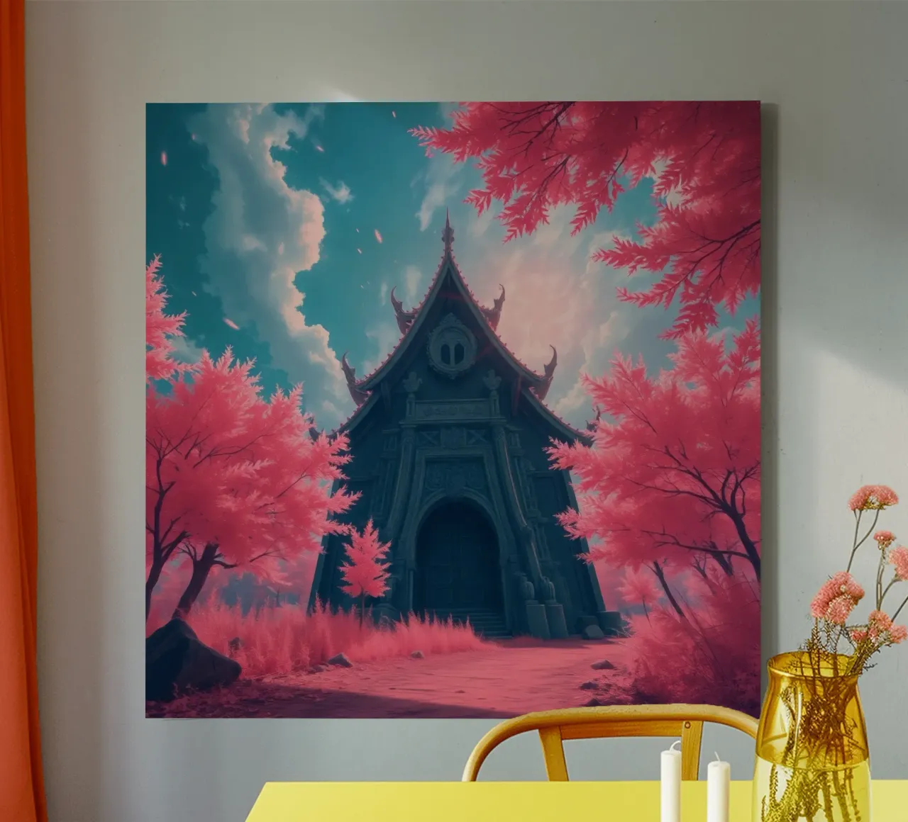 structure with ornate architecture surrounded by pink trees canvas by DesignDoodle