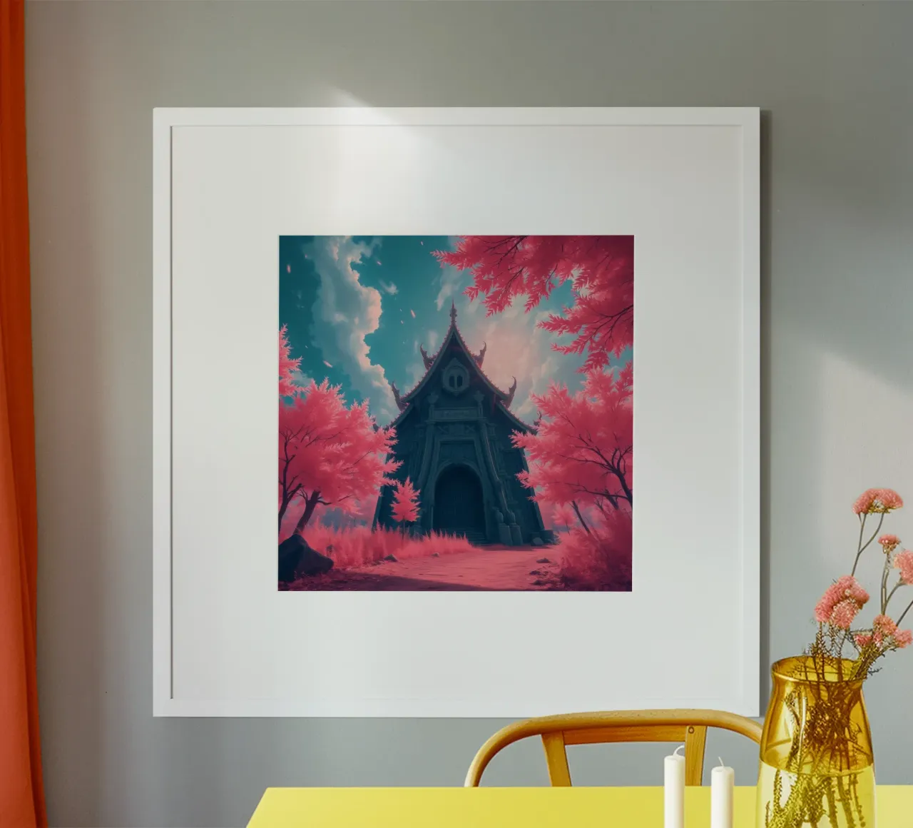 structure with ornate architecture surrounded by pink trees hahnemühle by DesignDoodle