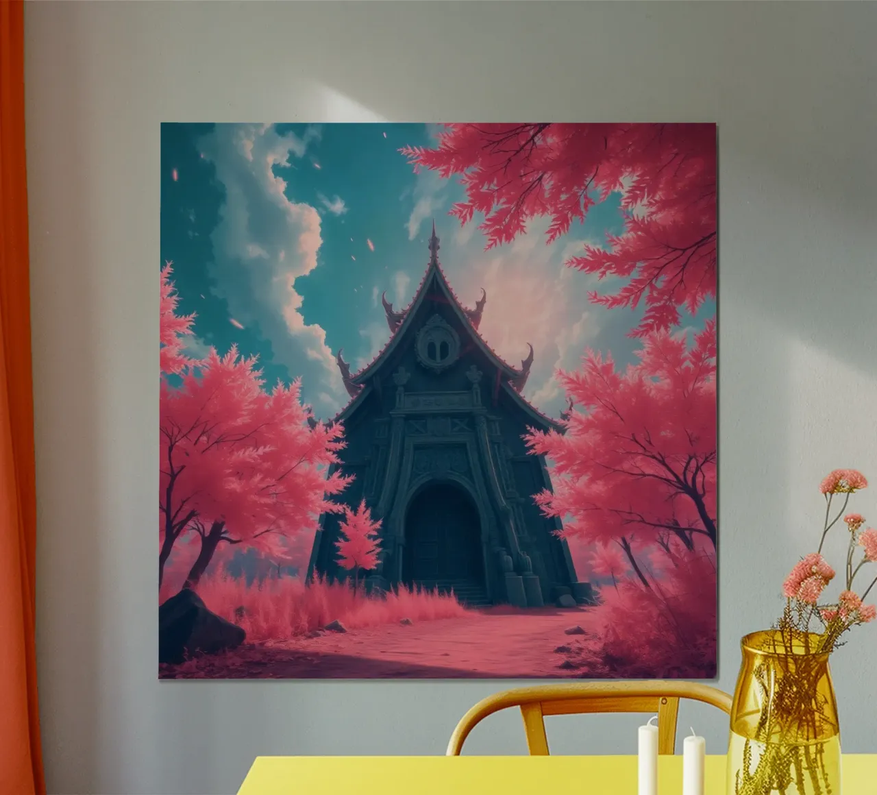 structure with ornate architecture surrounded by pink trees hahnemühle by DesignDoodle