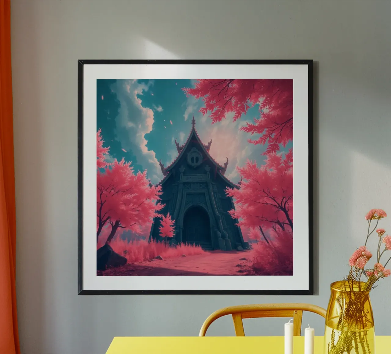 structure with ornate architecture surrounded by pink trees hahnemühle by DesignDoodle