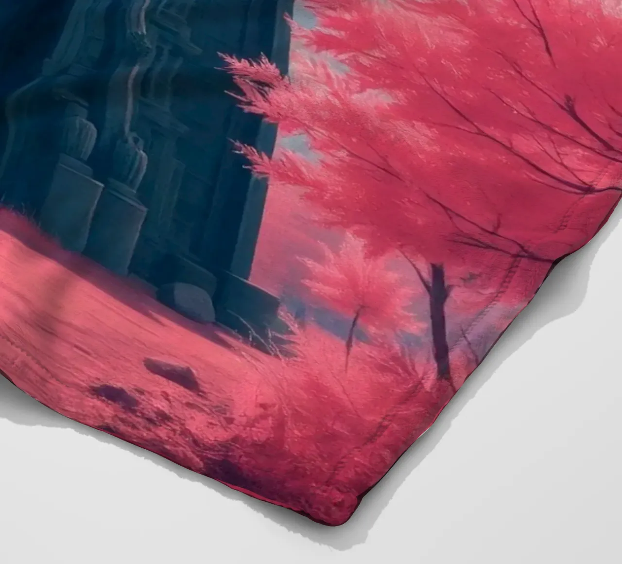 structure with ornate architecture surrounded by pink trees fleece blanket by DesignDoodle