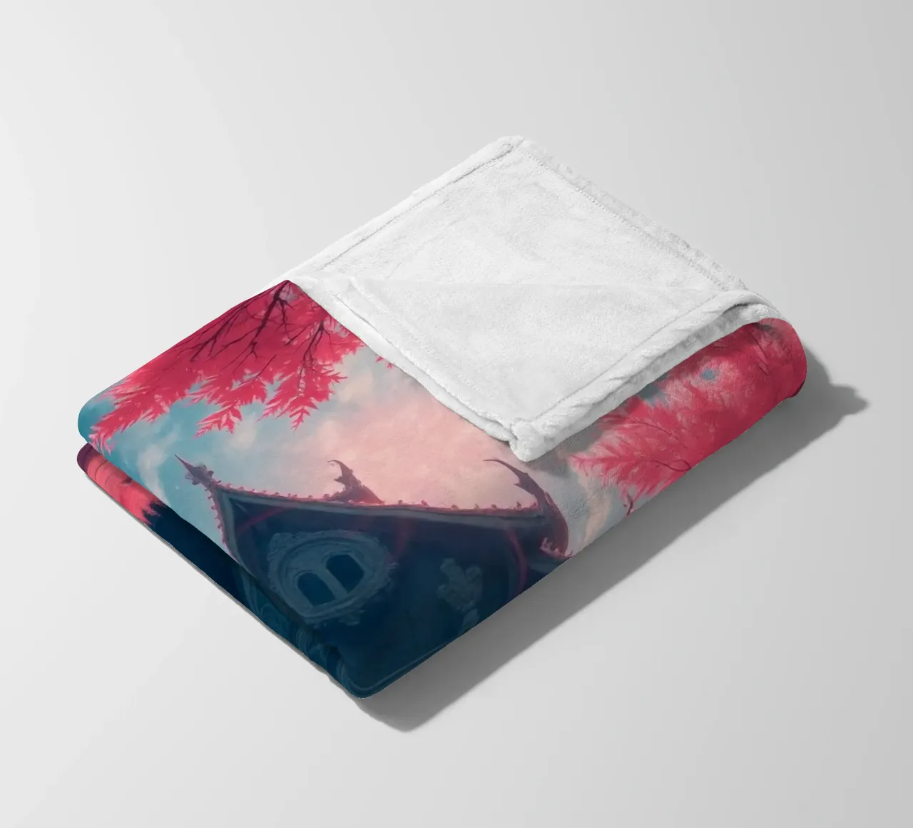 structure with ornate architecture surrounded by pink trees fleece blanket by DesignDoodle