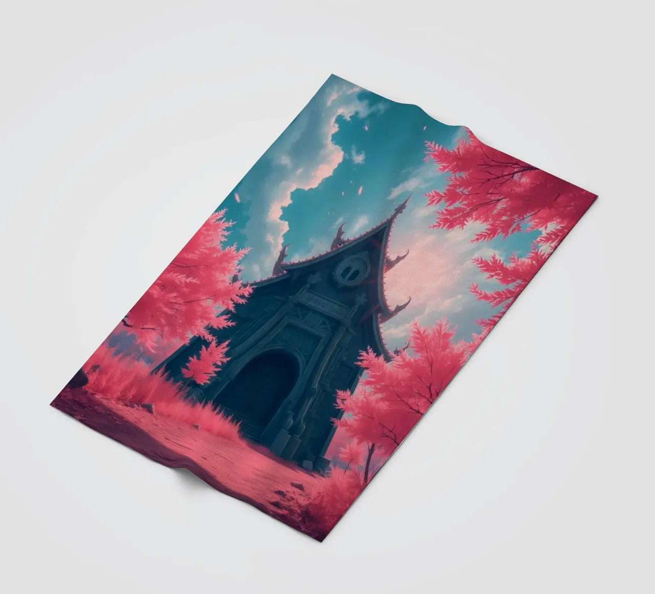structure with ornate architecture surrounded by pink trees fleece blanket by DesignDoodle