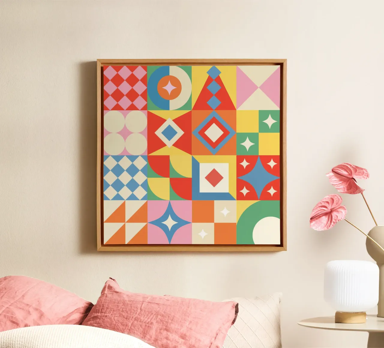 Geometrische Patches 01 canvas met Baklijst van Paigaam Studio