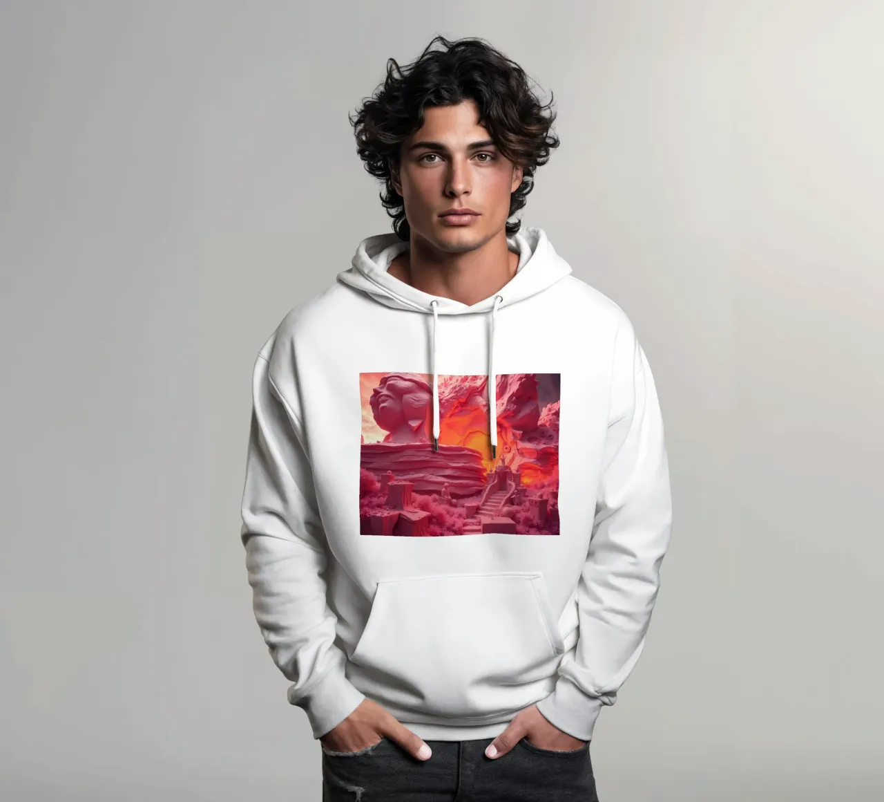 Un paesaggio surreale con sculture giganti in rosa felpa con cappuccio da DesignDoodle